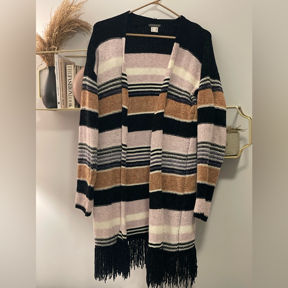 Longline Chenille Fringe Cardigan Sweater Boho Striped Open Front Cozy Knit